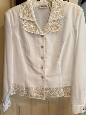 Vintage Perlita White Button Blouse with Gold Embroidery | S